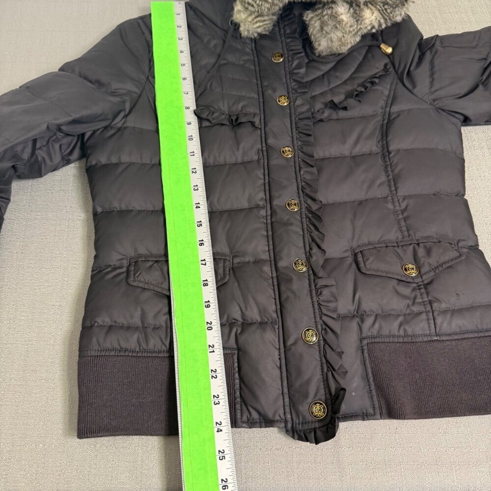 Juicy Couture Black Puffer Faux Fur Removable Hood Medium Y2K Gold Zip - Picture 13 of 16